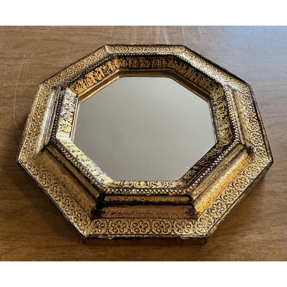 VTG Florentia Italy Wall Mirror #1959 Ornate Gold Wood Frame Original Tag  5"x5"